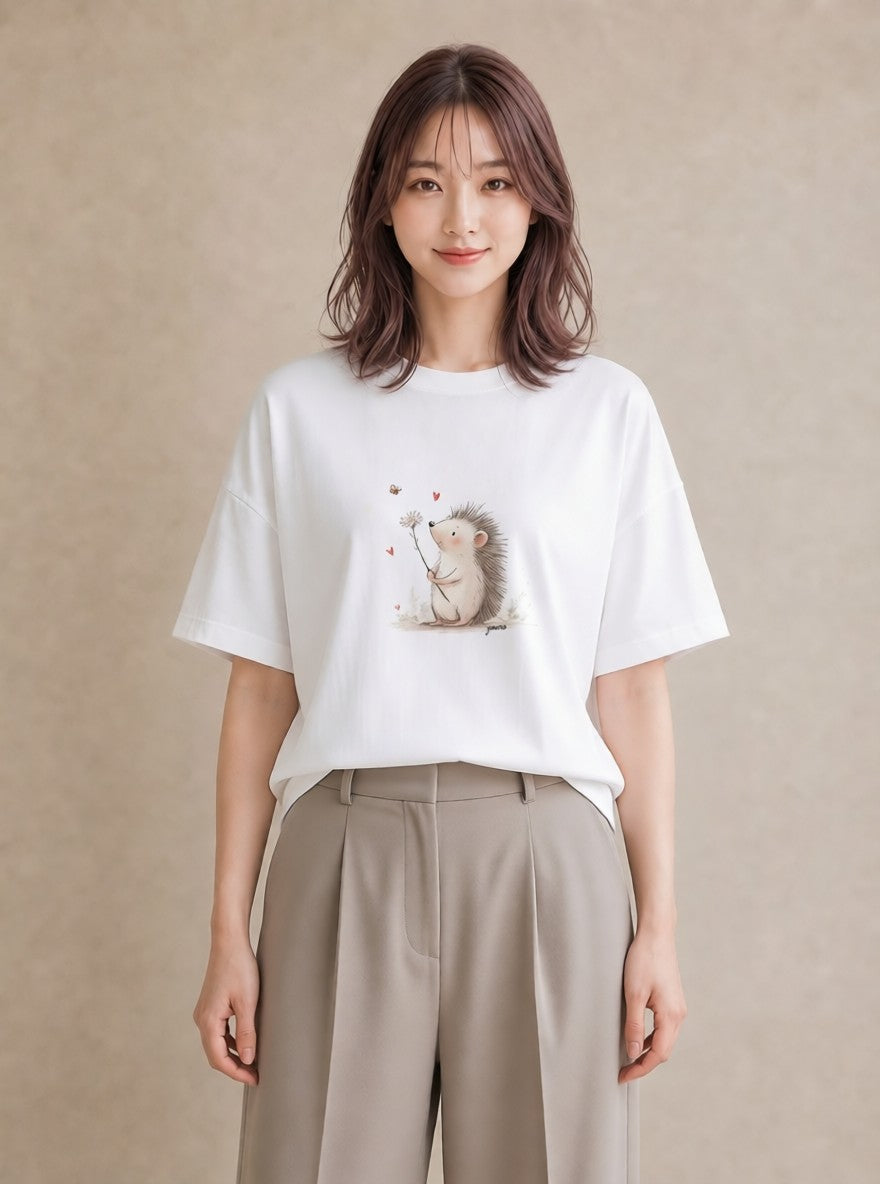 グラフィックTシャツ レディース ハリネズミ ペット 動物 イラスト アート風 レイヤード 友達ギフト 白T YMAZO
