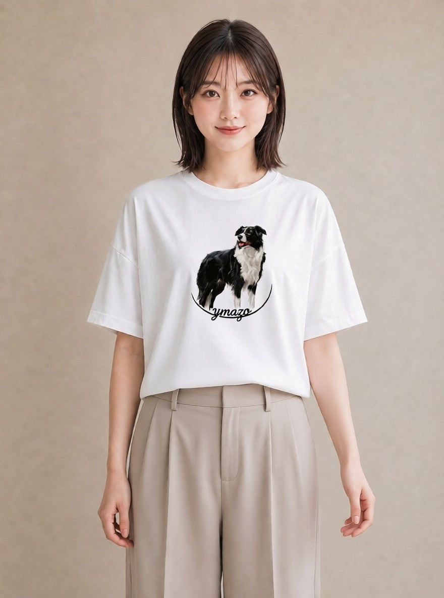 半袖Tシャツ レディース ボーダーコリー 犬 いぬ イラスト ナチュラル 休日 ペアコーデ 白T YMAZO
