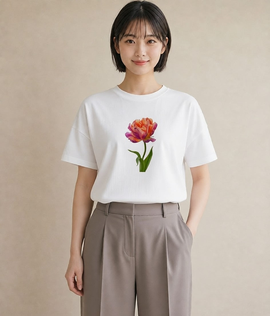 プリントTシャツ レディース チューリップ 花 花柄 イラスト シック ミセス 春コーデ 白T YMAZO