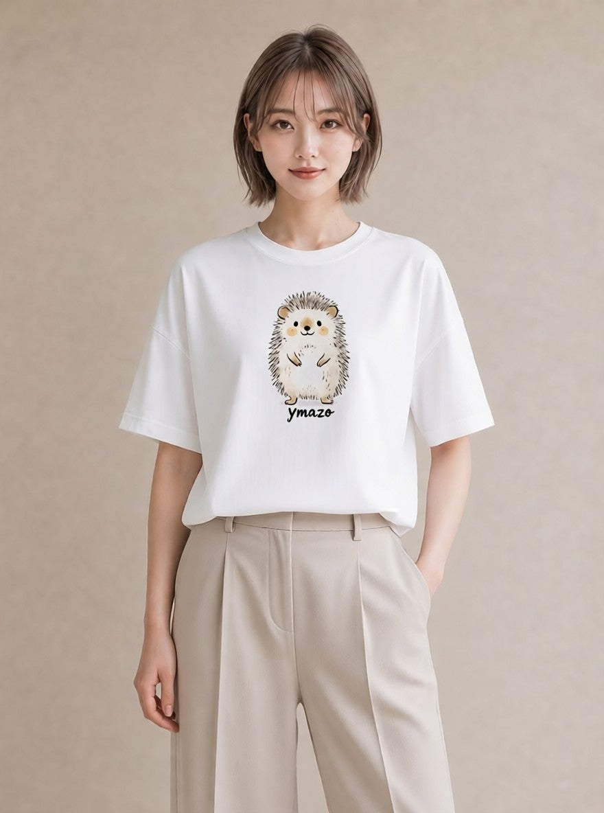 半袖Tシャツ レディース ハリネズミ ペット 動物 イラスト カジュアル 友達ギフト 部屋着 白T YMAZO