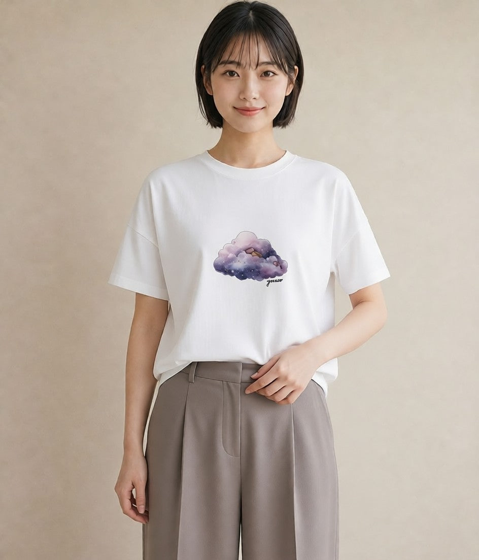 グラフィックTシャツ レディース 水瓶座 星空 宇宙 イラスト きれいめ カフェ服 クリスマス 白T YMAZO