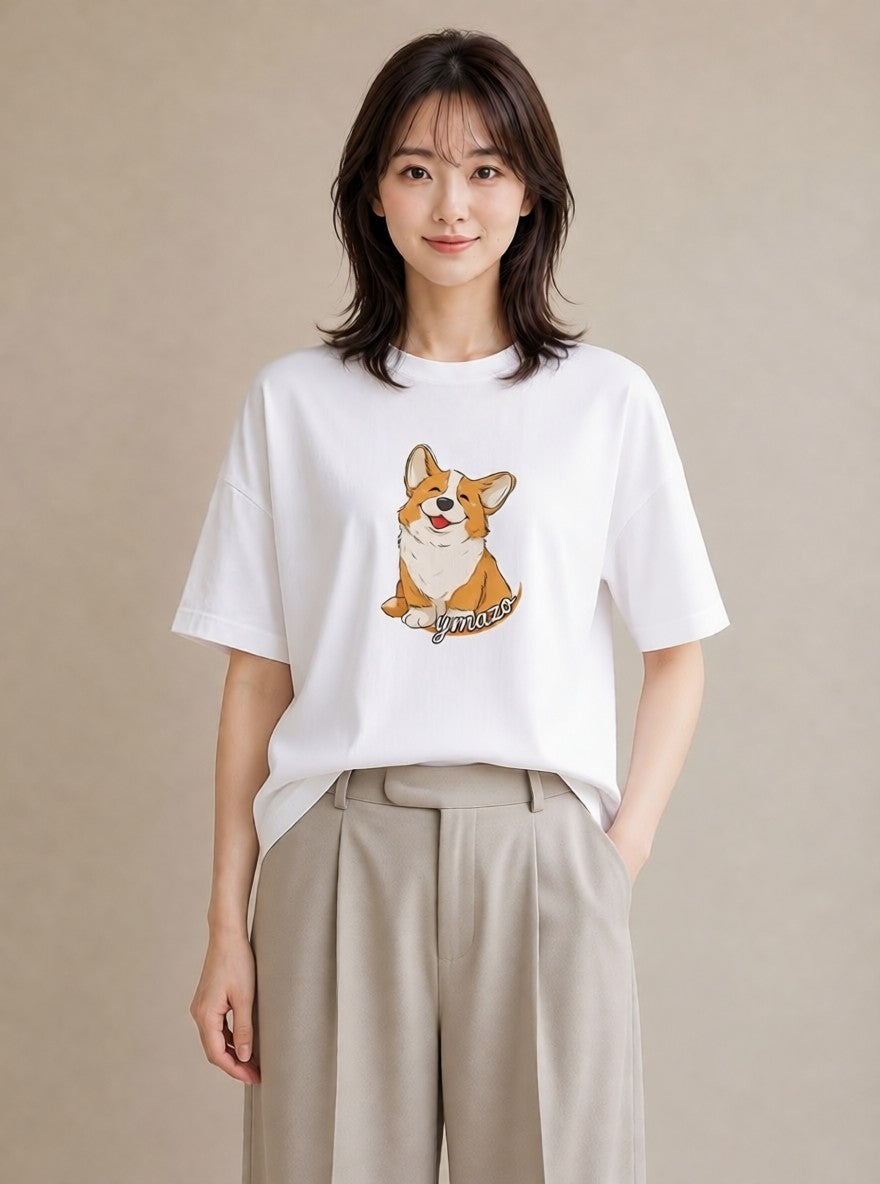 プリントTシャツ レディース ウェルシュコーギー コーギー 犬 いぬ イラスト ガーリー 送別ギフト 通勤 白T YMAZO