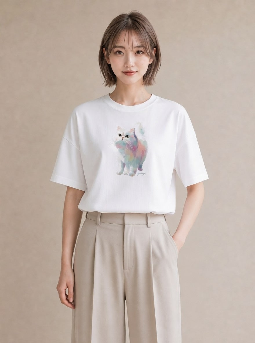 半袖Tシャツ レディース 子猫 猫 ねこ イラスト 在宅 公園 白T YMAZO