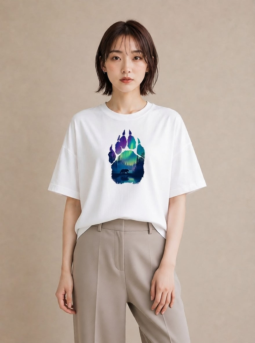 プリントTシャツ レディース オーロラ 星空 宇宙 イラスト ユニーク 在宅 公園 白T YMAZO