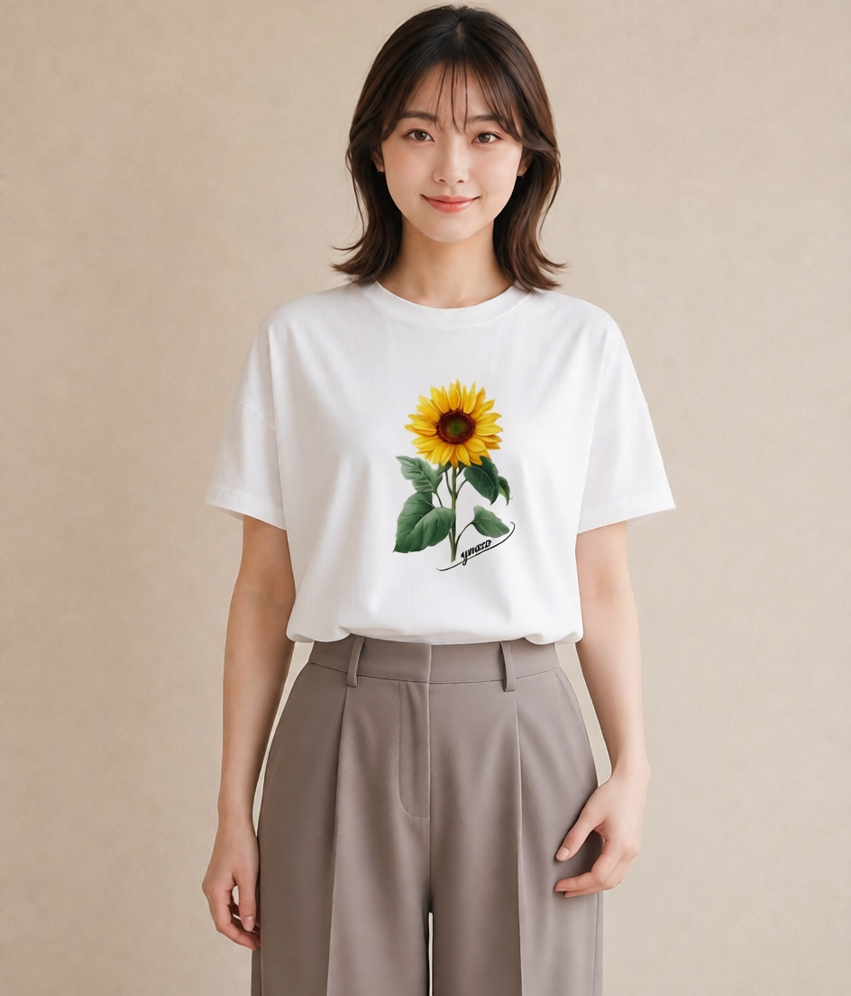 半袖Tシャツ レディース ひまわり 向日葵 花 花柄 イラスト 北欧風 女性 旅行用 白T YMAZO