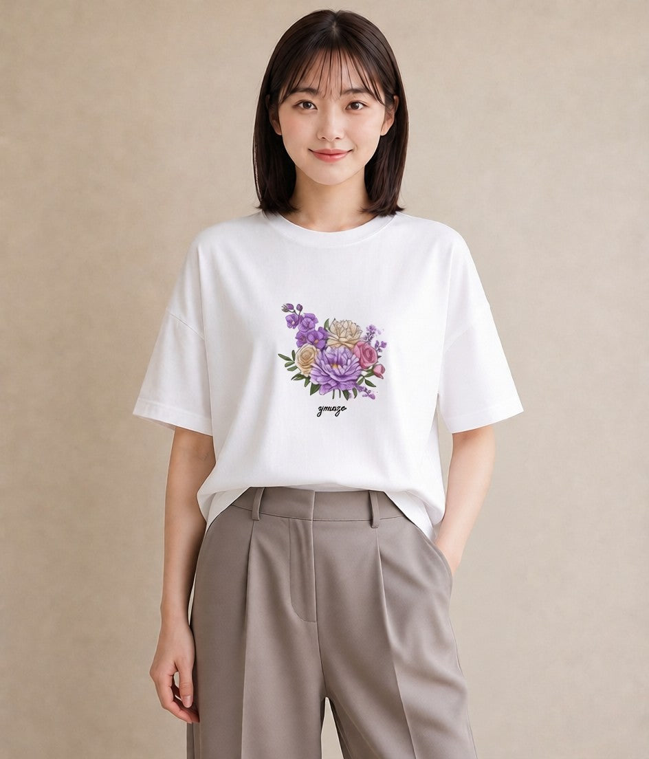 半袖Tシャツ レディース スミレ 花 花柄 イラスト 旅行コーデ デート 帰省 白T YMAZO