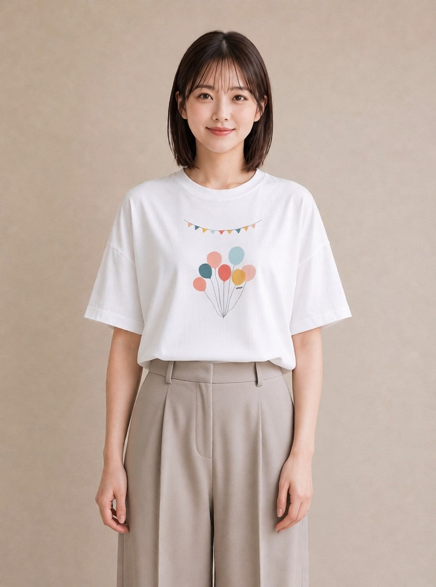 プリントTシャツ レディース 紙風船 和紙 ナチュラル アンティーク イラスト レトロ 自分用 ルームウェア 白T YMAZO