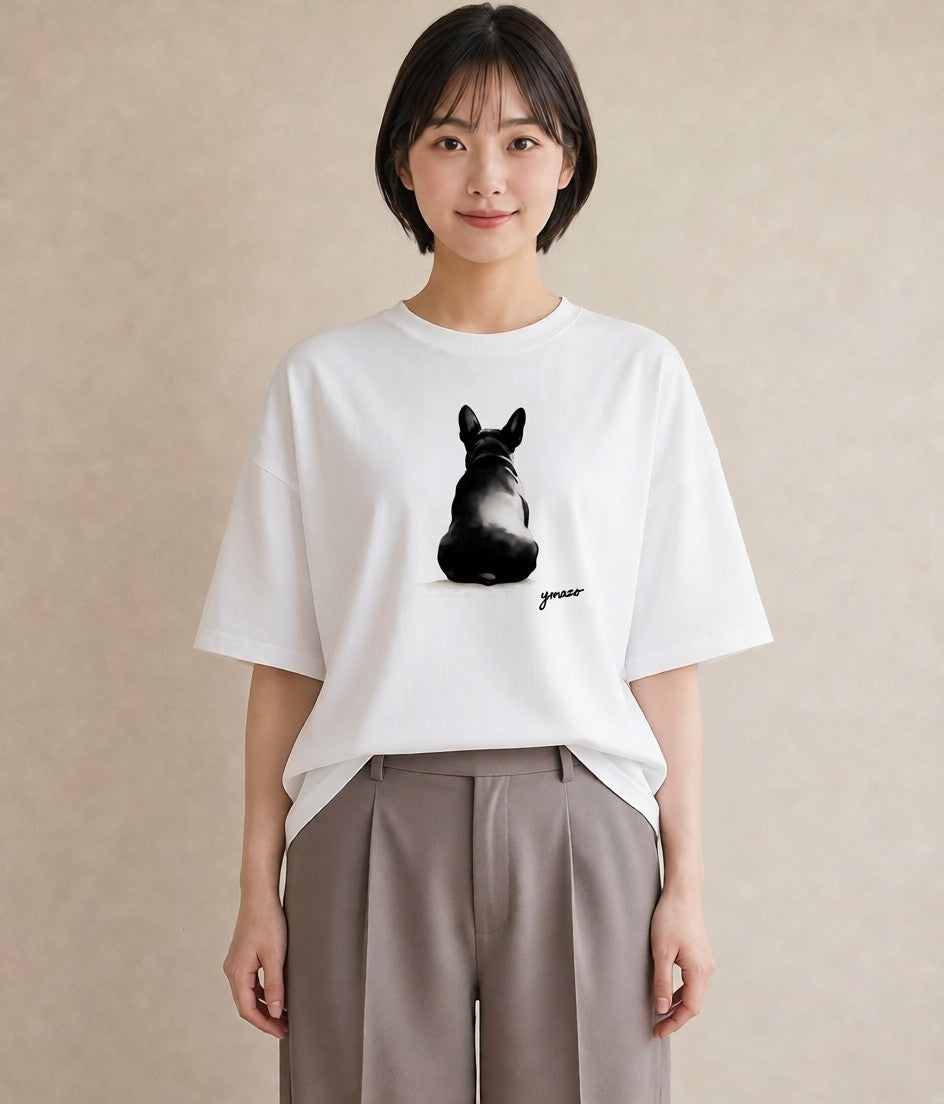 デザインTシャツ レディース フレンチブルドッグ フレブル 犬 いぬ イラスト 水彩風 ペアコーデ 秋コーデ 白T YMAZO