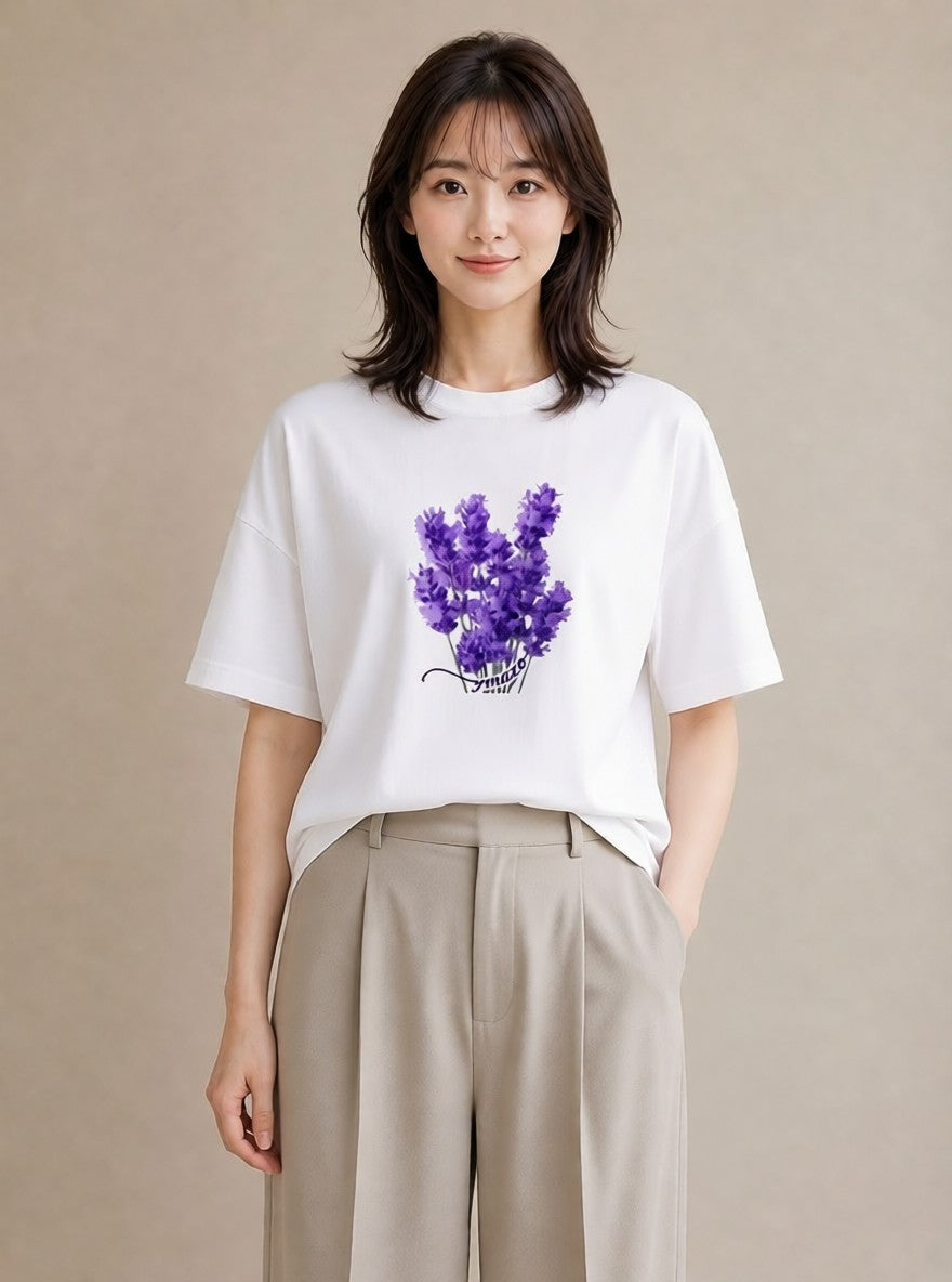 半袖Tシャツ レディース ラベンダー 花 花柄 イラスト 韓国風 誕生日プレゼント 綿100 白T YMAZO