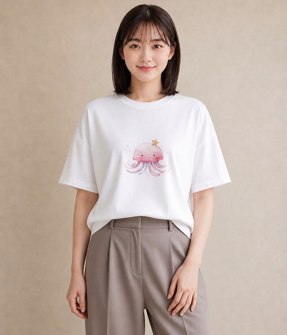 プリントTシャツ レディース くらげ クラゲ 海の生き物 海 イラスト 淡色 ビーチ デイリーウェア 白T YMAZO