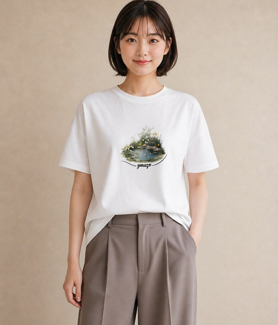 グラフィックTシャツ レディース 桟橋 水辺 波止場 ナチュラル アンティーク イラスト 線画 友達ギフト 部屋着 白T YMAZO