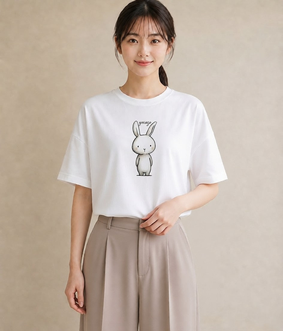 半袖Tシャツ レディース ミニうさぎ ペット 動物 イラスト ガーリー レイヤード 友達ギフト 白T YMAZO