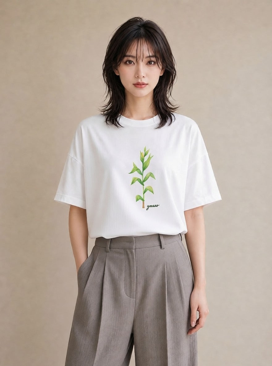 グラフィックTシャツ レディース 芝生 植物 ボタニカル イラスト ナチュラル ラフ レイヤード 白T YMAZO