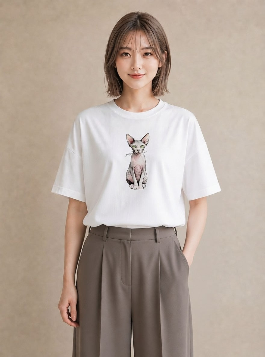 グラフィックTシャツ レディース おすわり猫 猫 ねこ イラスト きれいめカジュアル デイリーウェア 休日 白T YMAZO