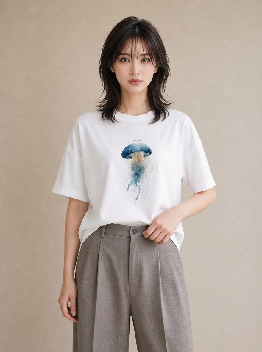 プリントTシャツ レディース くらげ クラゲ 海の生き物 海 イラスト ガーリー 部屋着 女性向けギフト 白T YMAZO