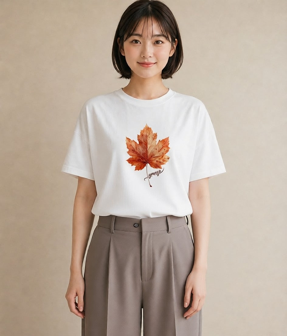 グラフィックTシャツ レディース 落ち葉 植物 ボタニカル イラスト 抜け感 休日 ペアコーデ 白T YMAZO