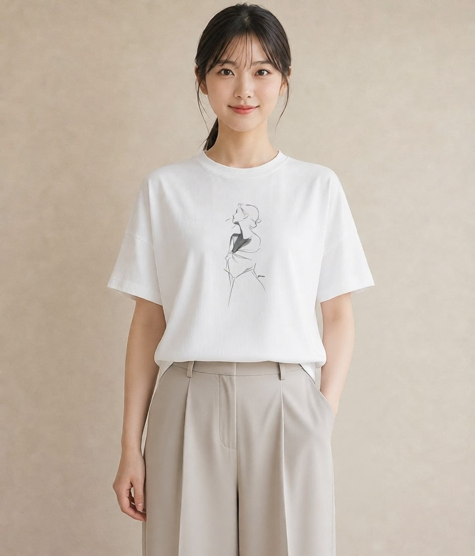 プリントTシャツ レディース 女の子 ガール 後ろ姿 イラスト 旅行コーデ ルームウェア ギフト 白T YMAZO