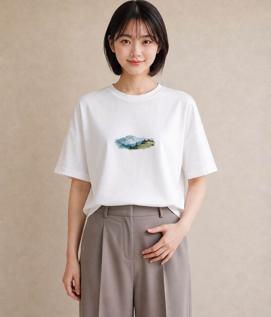 グラフィックTシャツ レディース 山 星空 宇宙 イラスト ラフカジュアル 母の日 ビーチ 白T YMAZO
