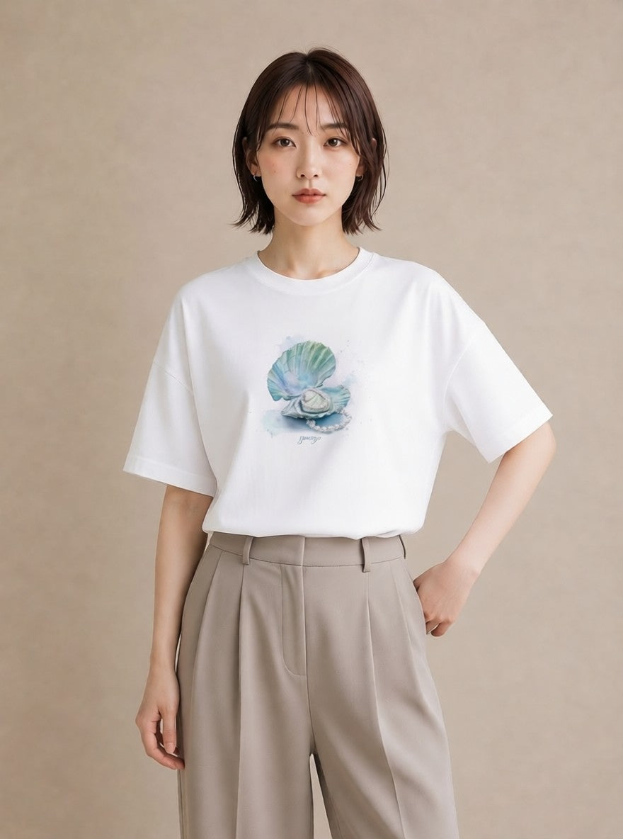グラフィックTシャツ レディース 貝 海の生き物 海 イラスト 上品 カジュアルコーデ 買い物 白T YMAZO