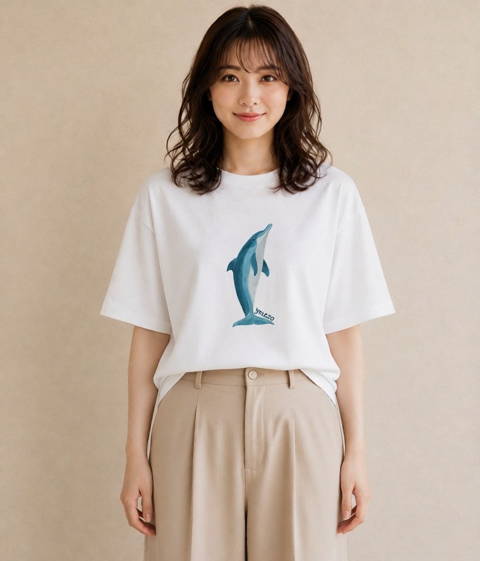 半袖Tシャツ レディース イルカ 海の生き物 海 イラスト こなれ感 秋コーデ おしゃれギフト 白T YMAZO