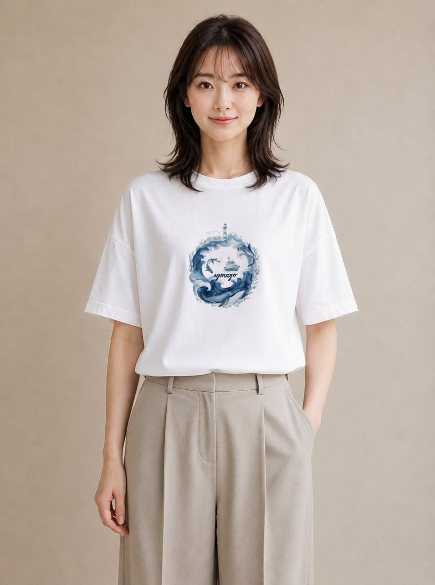 半袖Tシャツ レディース 波 星空 宇宙 イラスト ニュアンス お揃い 親子 白T YMAZO