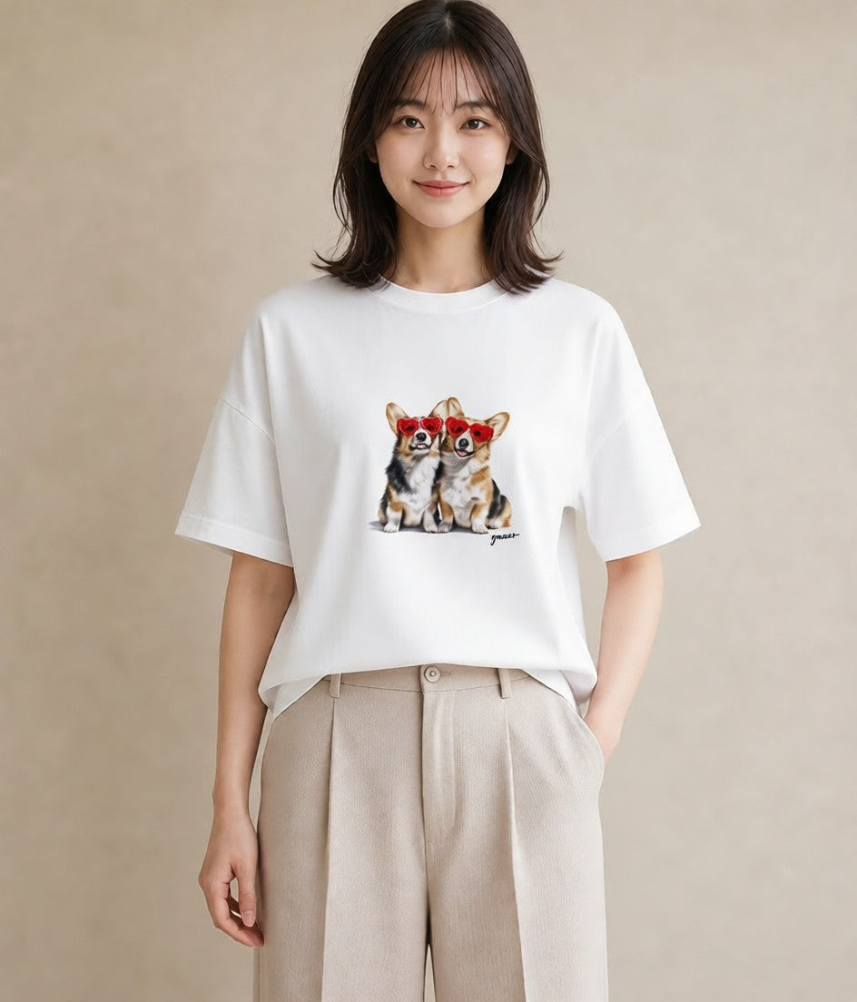デザインTシャツ レディース ウェルシュコーギー コーギー 犬 いぬ イラスト ポップ 女子会 お揃い 白T YMAZO