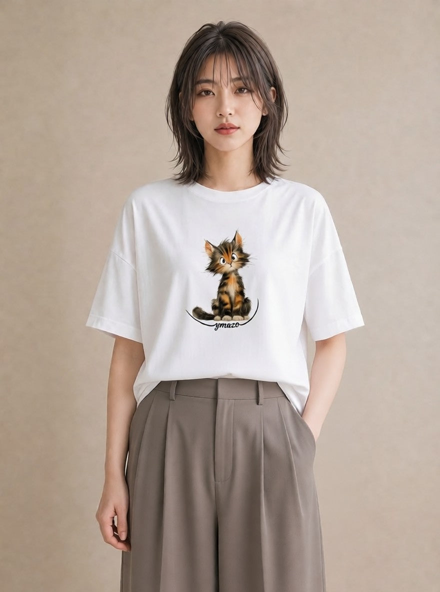 プリントTシャツ レディース アビシニアン 猫 ねこ イラスト ラフカジュアル ホワイトデー 春服 白T YMAZO