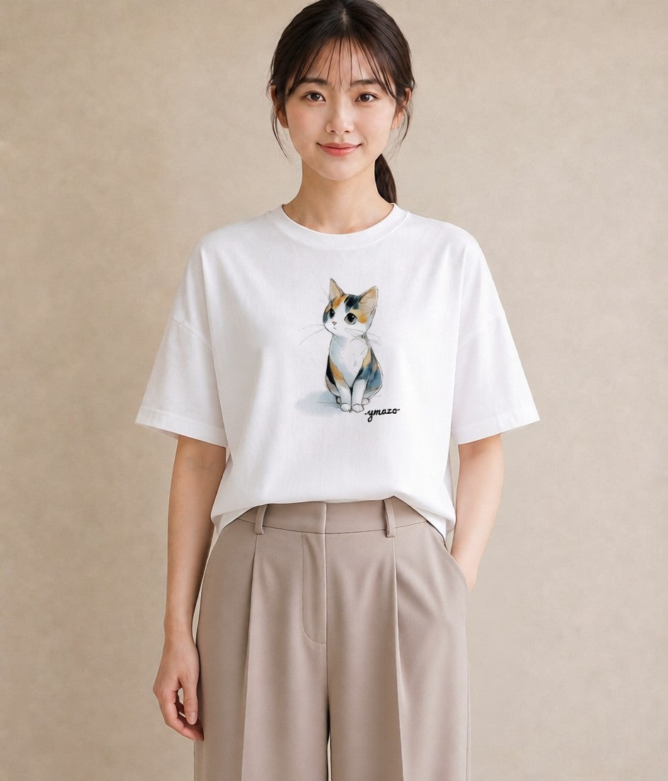 デザインTシャツ レディース ハチワレ 白黒猫 猫 ねこ イラスト カフェコーデ 女性 旅行用 白T YMAZO