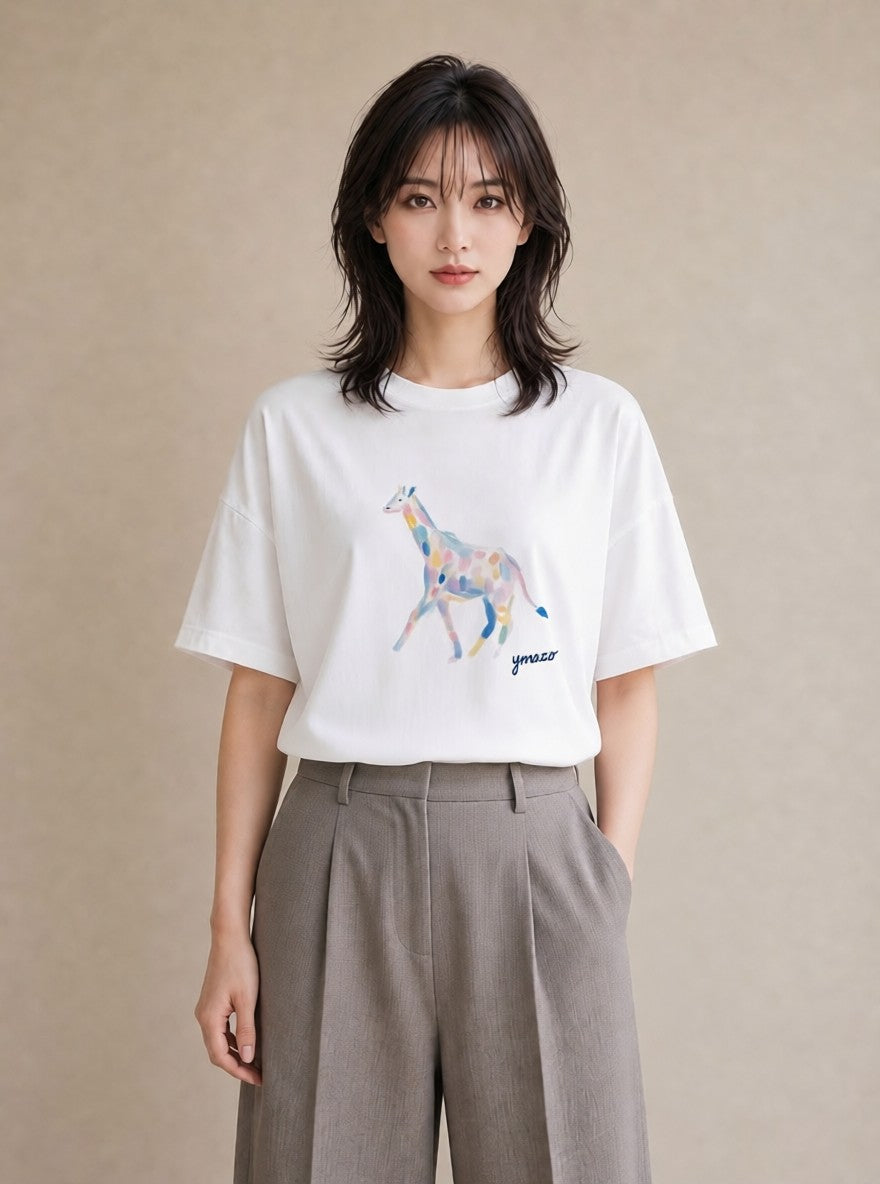 デザインTシャツ レディース きりん 動物 アニマル イラスト 誕生日プレゼント 綿100 白T YMAZO