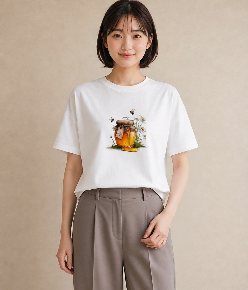 プリントTシャツ レディース はちみつ 食べ物 フード イラスト ボタニカル 秋コーデ おしゃれギフト 白T YMAZO
