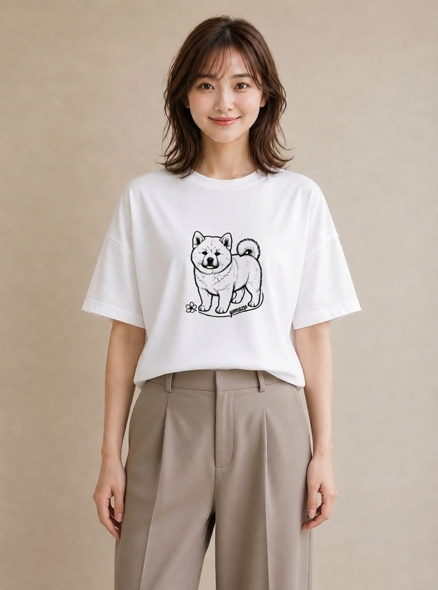 プリントTシャツ レディース 秋田犬 犬 いぬ イラスト ボタニカル 在宅 公園 白T YMAZO