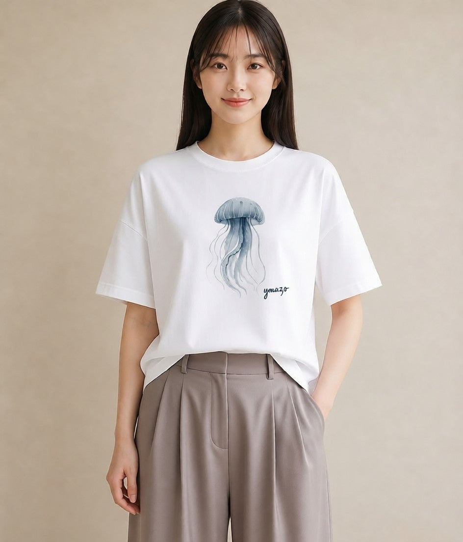 プリントTシャツ レディース イカ 海の生き物 海 イラスト 線画 在宅 公園 白T YMAZO