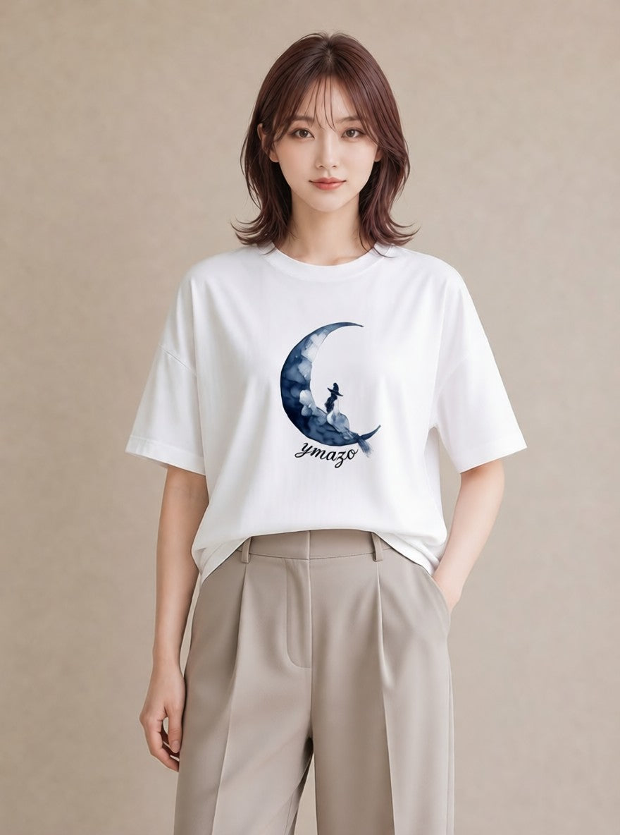 グラフィックTシャツ レディース 月 星空 宇宙 イラスト ユニーク 普段着 週末コーデ 白T YMAZO