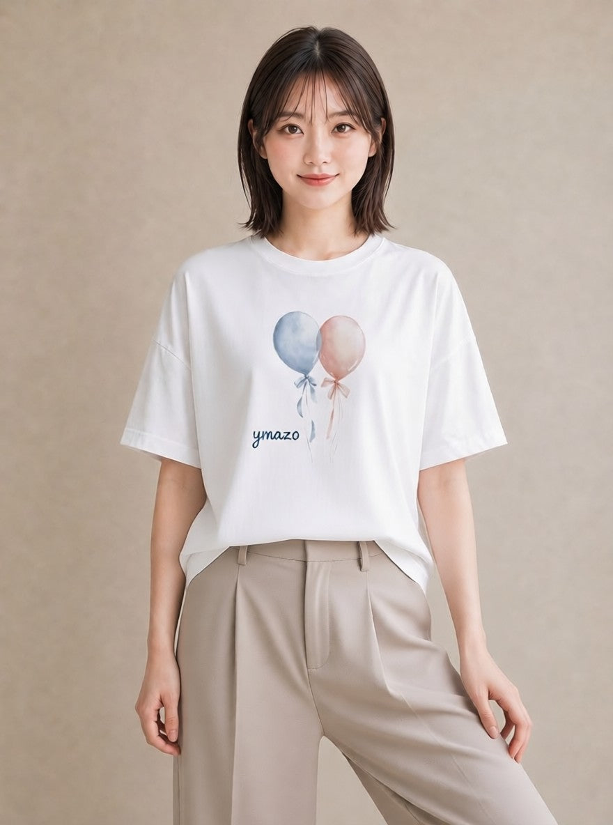 半袖Tシャツ レディース 紙風船 和紙 ナチュラル アンティーク イラスト 個性的 自分用 ルームウェア 白T YMAZO
