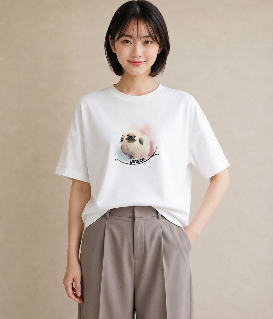 Tシャツ レディース 狆 犬 いぬ イラスト 北欧風 秋コーデ おしゃれギフト 白T YMAZO