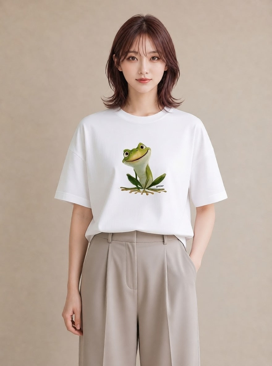 Tシャツ レディース アマガエル ペット 動物 イラスト きれいめカジュアル 部屋着 女性向けギフト 白T YMAZO