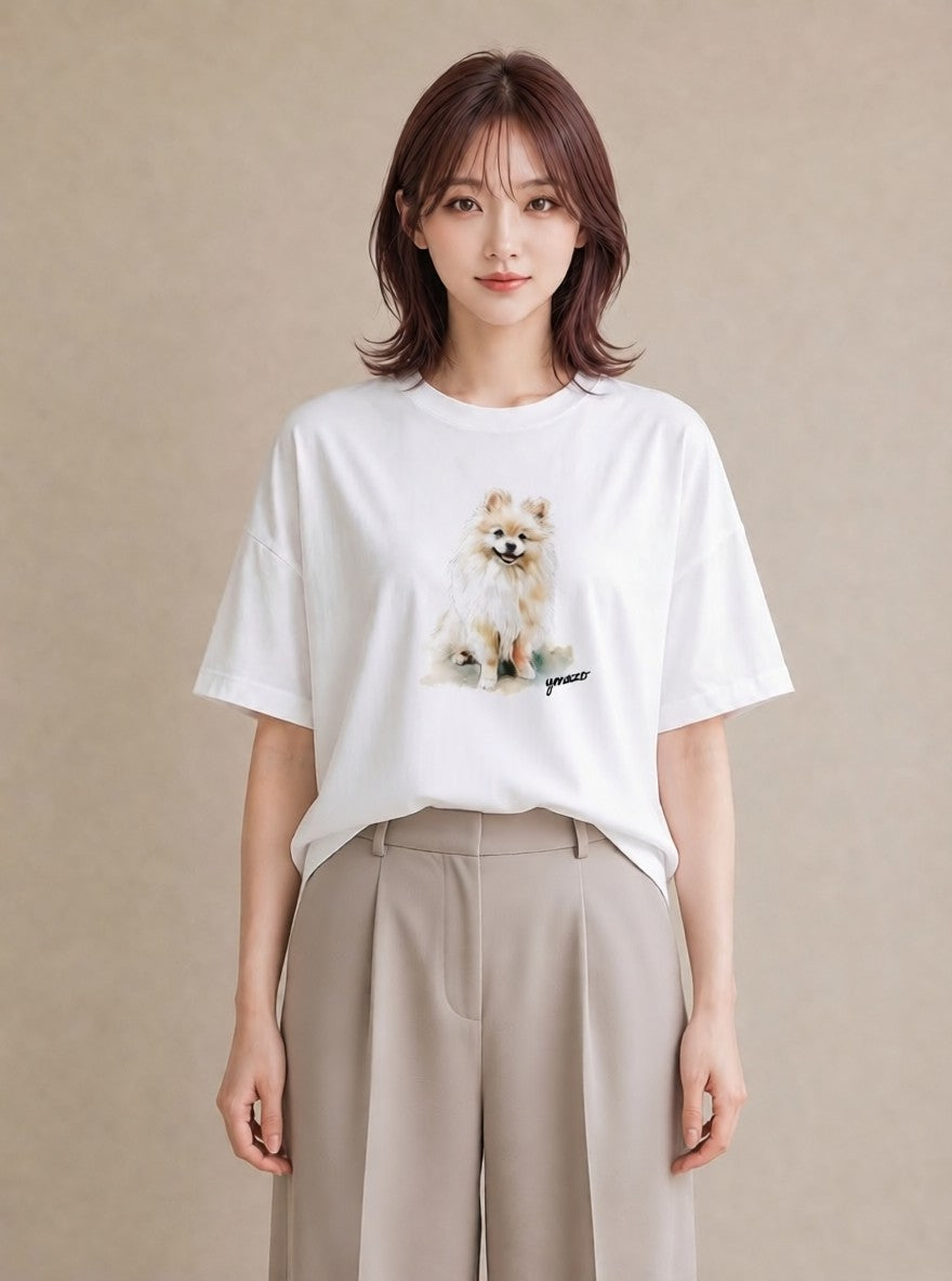グラフィックTシャツ レディース ポメラニアン ポメ 犬 いぬ イラスト 個性的 女性向けギフト 散歩 白T YMAZO