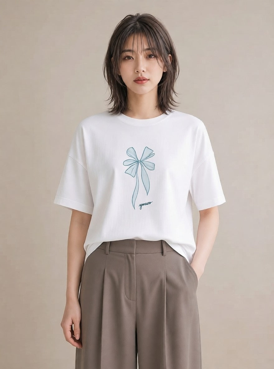 デザインTシャツ レディース リボン ボウ りぼん イラスト ラフ 公園 ママ 白T YMAZO