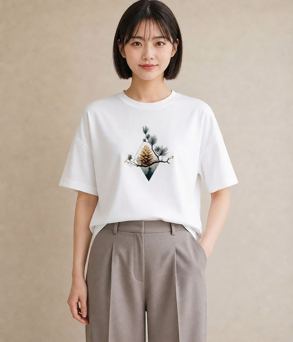 Tシャツ レディース 松ぼっくり 植物 ボタニカル イラスト 可愛い 春コーデ 姉妹 白T YMAZO