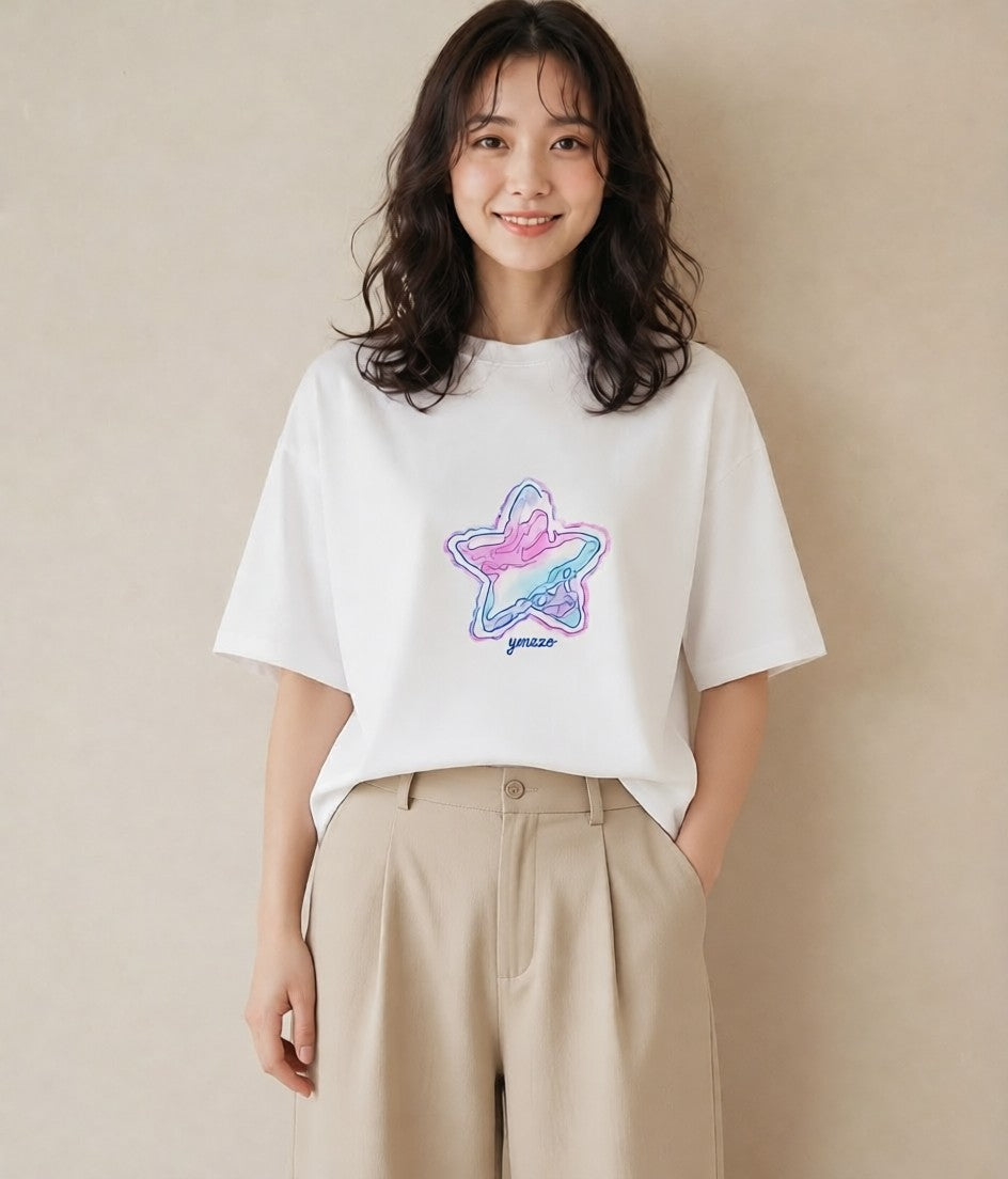 グラフィックTシャツ レディース 星 星空 宇宙 イラスト フェミニン 買い物 夏コーデ 白T YMAZO