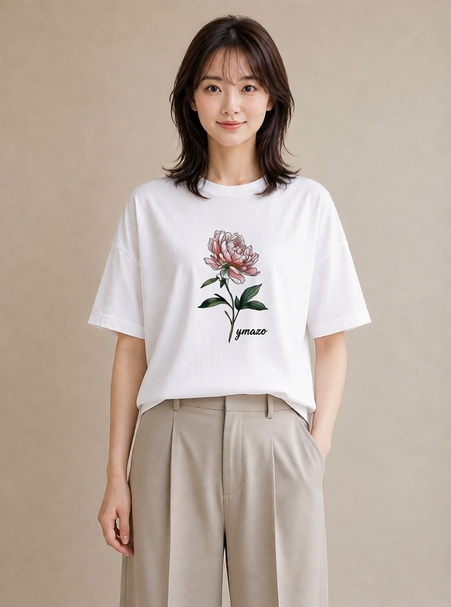 プリントTシャツ レディース 牡丹 花 花柄 イラスト ヴィンテージ風 部屋着 女性向けギフト 白T