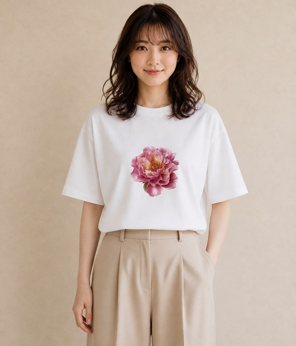 半袖Tシャツ レディース 牡丹 花 花柄 イラスト ゆるコーデ 敬老の日 ホワイトデー 白T YMAZO