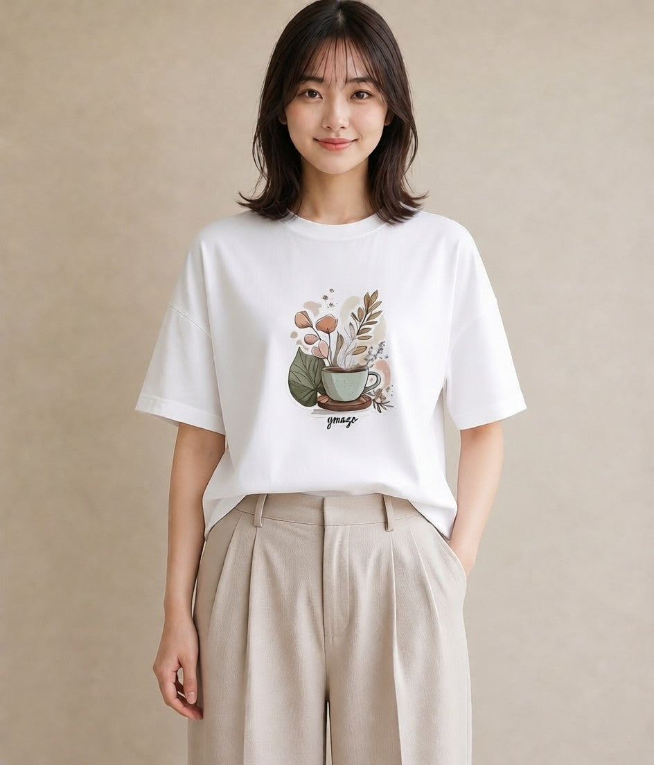半袖Tシャツ レディース ココア 食べ物 フード イラスト 上品 ラフ レイヤード 白T YMAZO