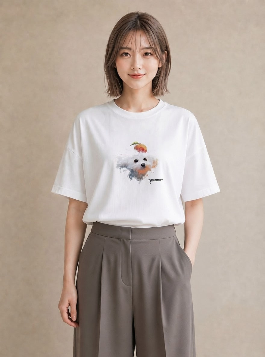 半袖Tシャツ レディース わんこ 犬 いぬ イラスト お洒落 デイリーウェア 休日 白T YMAZO