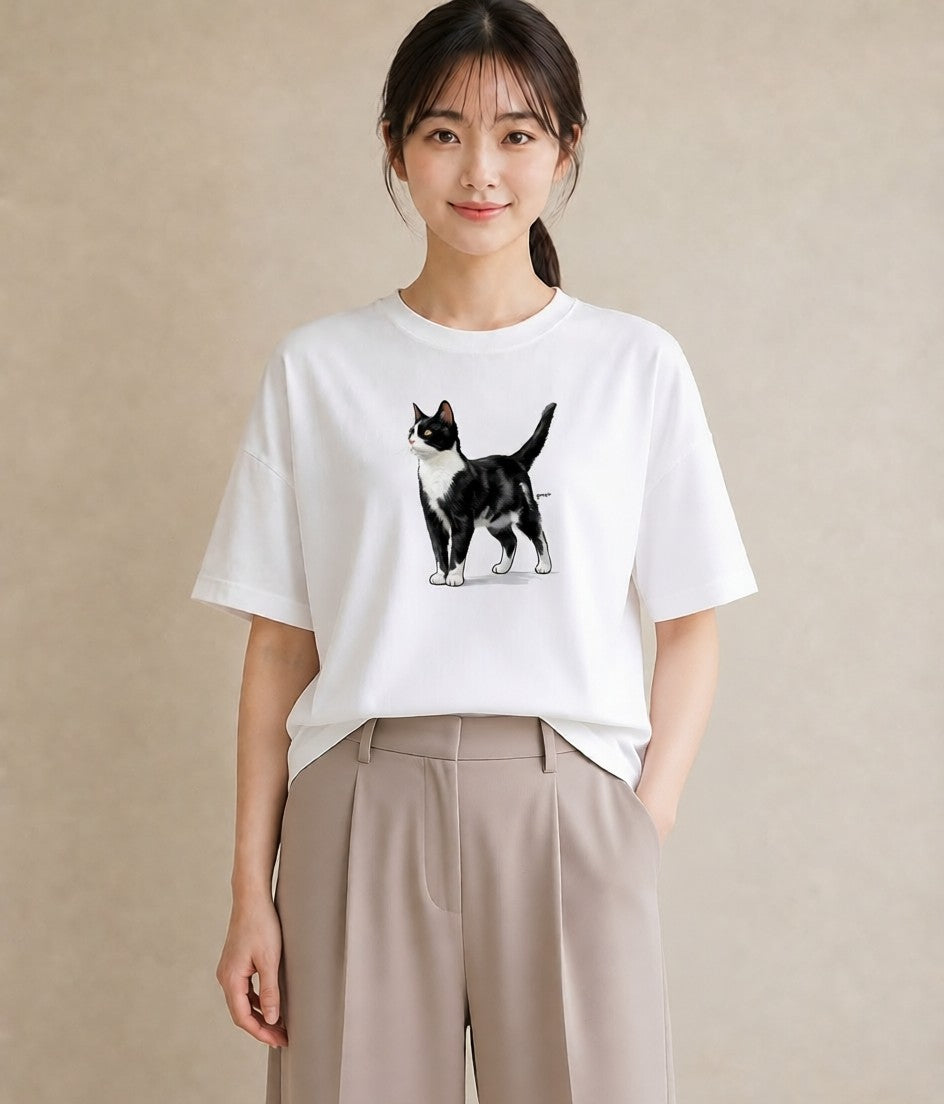 半袖Tシャツ レディース しっぽ 猫 ねこ イラスト ヴィンテージ風 在宅 公園 白T YMAZO