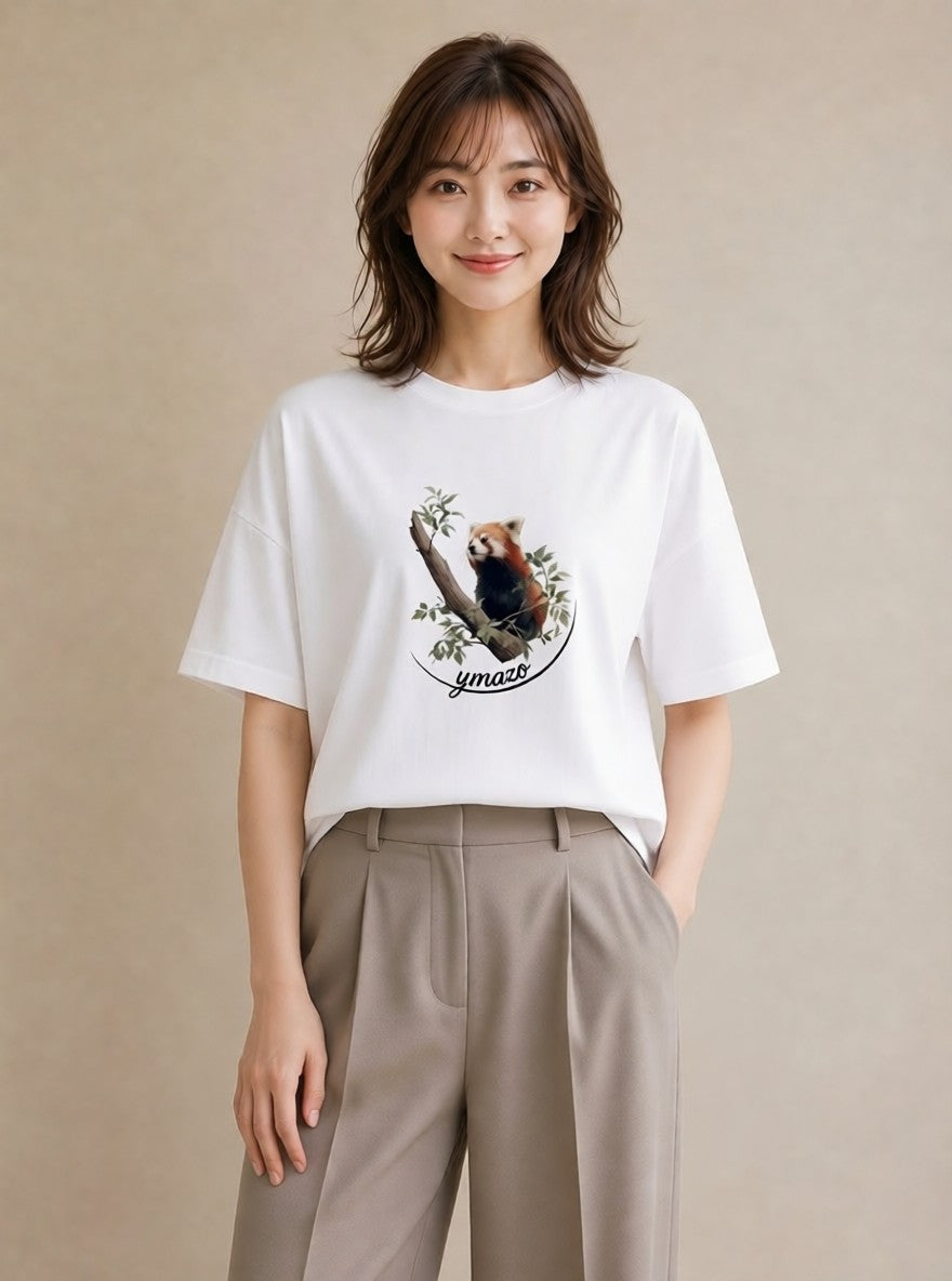 デザインTシャツ レディース パンダ 動物 アニマル イラスト こなれ感 帰省 ラフ 白T YMAZO