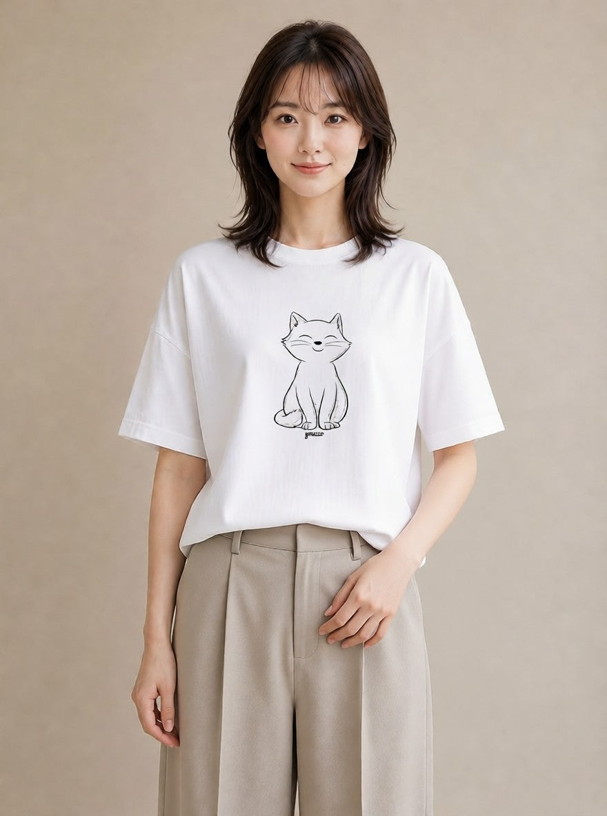 Tシャツ レディース 猫 ねこ ネコ イラスト ゆるコーデ 夏コーデ 通学 白T YMAZO