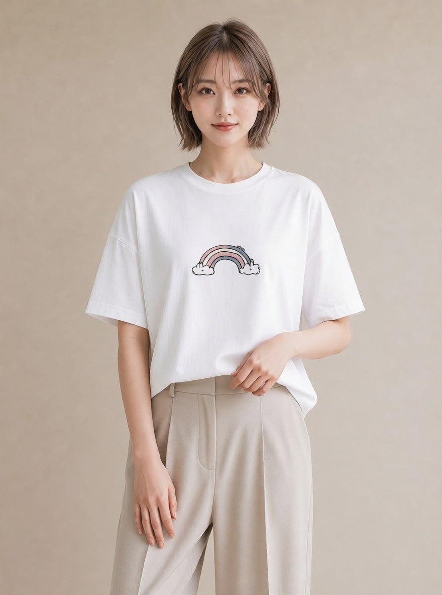 グラフィックTシャツ レディース 虹 星空 宇宙 イラスト 休日 ペアコーデ 白T YMAZO