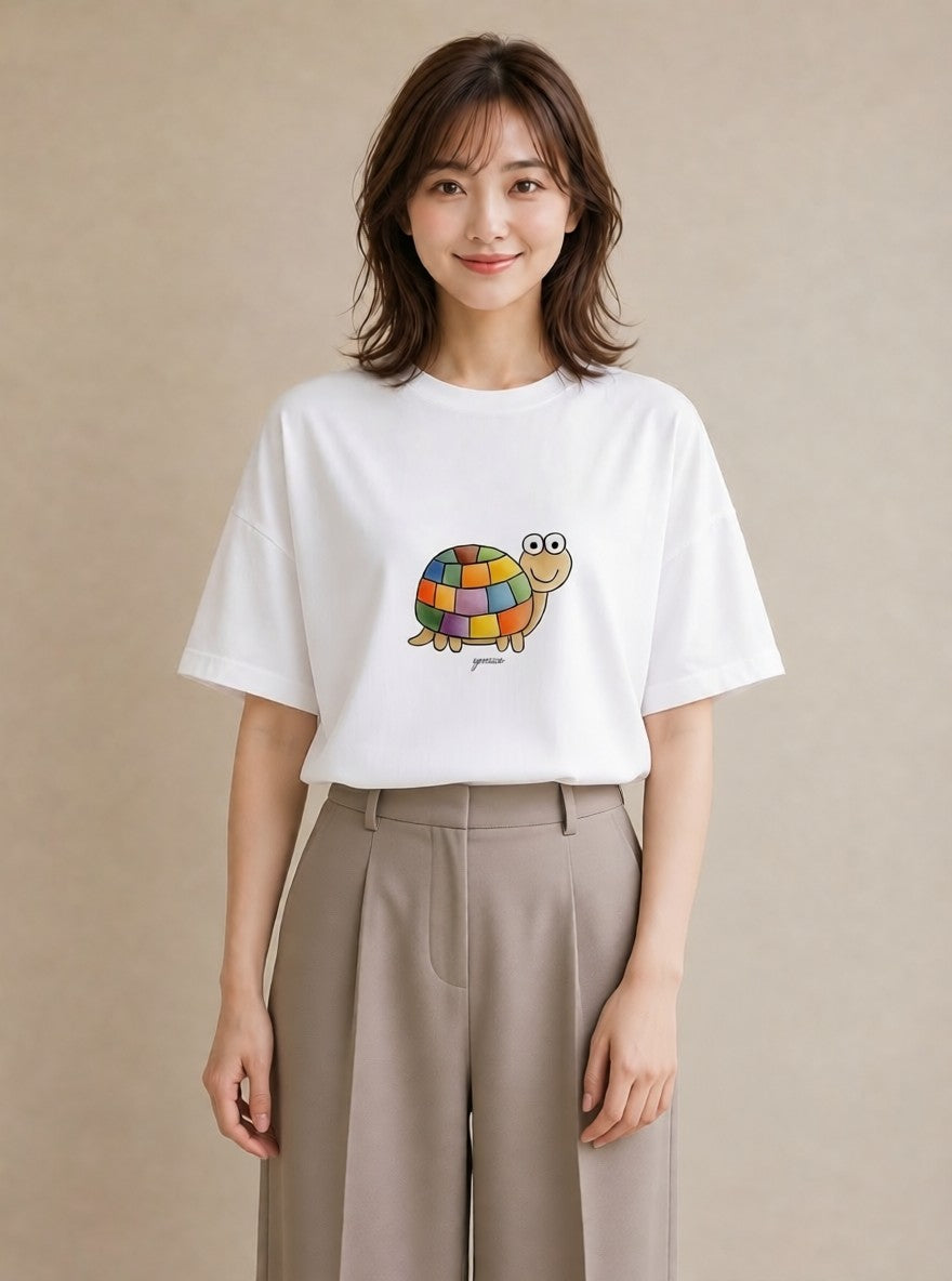 半袖Tシャツ レディース カメ ペット 動物 イラスト 普段使い 女子会 お揃い 白T YMAZO
