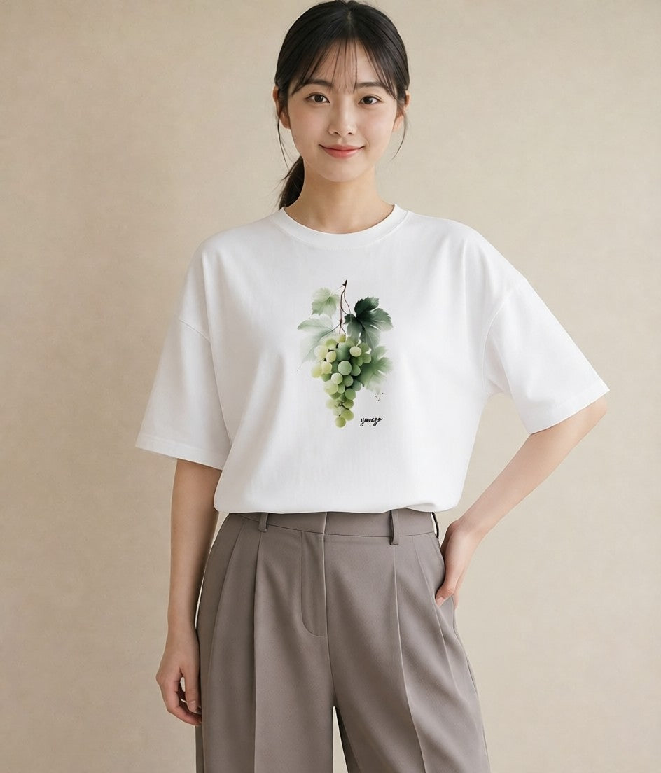 半袖Tシャツ レディース ぶどう 葡萄 食べ物 フード イラスト 個性的 ギフト 母の日 白T YMAZO
